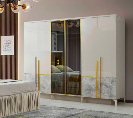 Schlafzimmer-Set 4tlg Beige Gemuster Bett Nachttische Kleiderschrank Modern Stil
