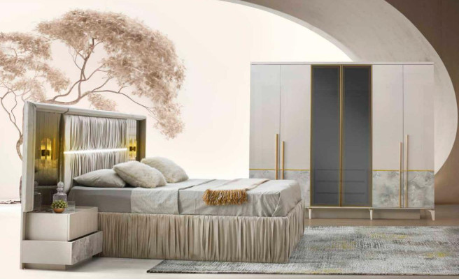 Schlafzimmer-Set 4tlg Beige Gemuster Bett Nachttische Kleiderschrank Modern Stil