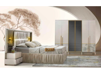 Schlafzimmer-Set 4tlg Beige Gemuster Bett Nachttische Kleiderschrank Modern Stil