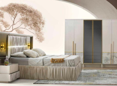Schlafzimmer-Set 4tlg Beige Gemuster Bett Nachttische Kleiderschrank Modern Stil