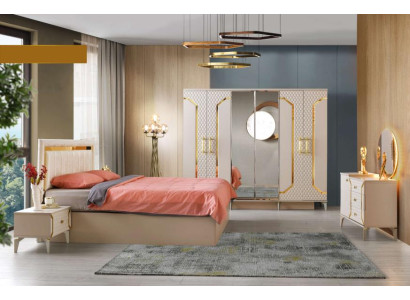 Schlafzimmer-Set 5tlg Bett Nachttische Kleiderschrank Kommode mit Spiegel Beige