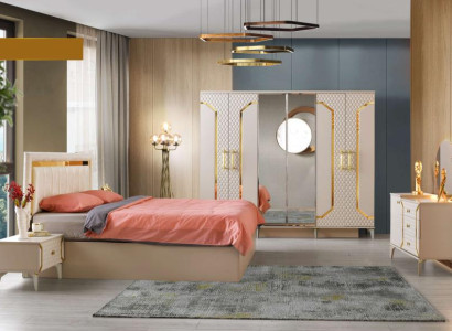 Schlafzimmer-Set 5tlg Bett Nachttische Kleiderschrank Kommode mit Spiegel Beige