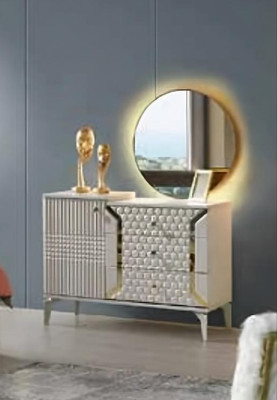 Kommode mit Spiegel Beige Einfarbig Schlafzimmer Modern Rechteckig Design Stil