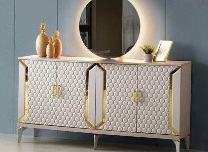 Esszimmer Sideboard mit Spiegel Anrichte Rechteckig Form Beige Einfarbig Stil
