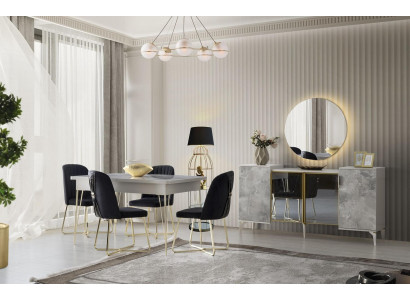 Esszimmer Set 6tlg Esstisch Stühle Sideboard mit Spiegel Anrichte Grau Modern
