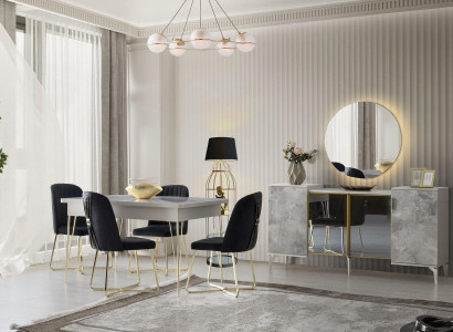Esszimmer Set 6tlg Esstisch Stühle Sideboard mit Spiegel Anrichte Grau Modern