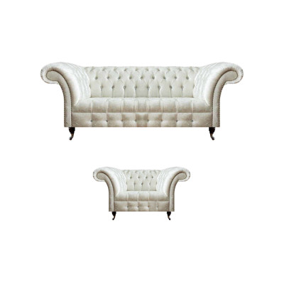 Moderne Chesterfield Weiße Stoffcouch Exklusiver Wohnzimmer Sessel 2tlg