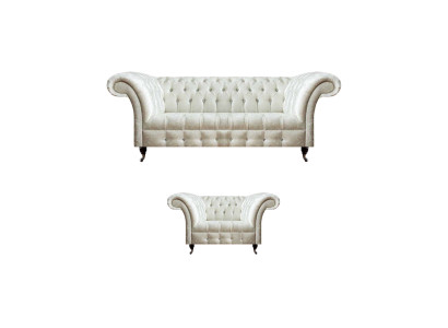 Moderne Chesterfield Weiße Stoffcouch Exklusiver Wohnzimmer Sessel 2tlg