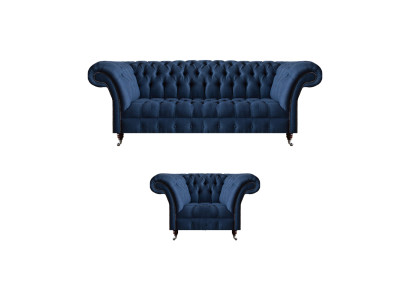 Dunkelblaue Wohnzimmer 3-Sitzer Couch Designer Lehnsessel Edler 2tlg Set