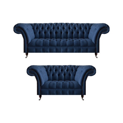 Blaue Sofagarnitur Chesterfield Textil Couchen Dreisitzer Zweisitzer 2tlg