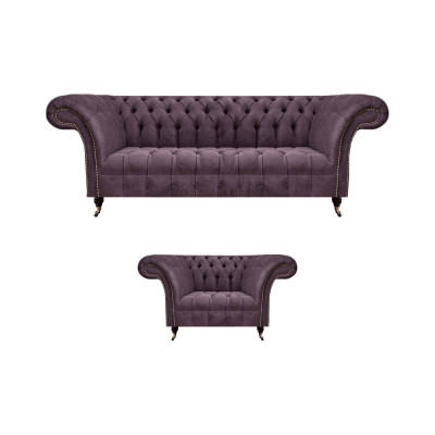 Chesterfield Lila Wohnzimmer Couchgarnitur Edler 3-Sitzer Textil Sessel