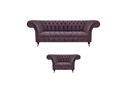 Chesterfield Lila Wohnzimmer Couchgarnitur Edler 3-Sitzer Textil Sessel