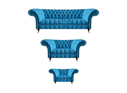 Chesterfield Hellblaue Designer Sitzmöbel Edler 3-Sitzer Zweisitzer 3tlg