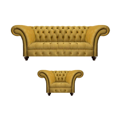 Luxuriöse Chesterfield Gelbe Couch Textil Sessel Moderner 3-Sitzer 2tlg