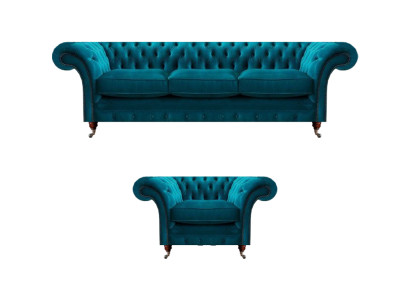 Hellblaue Chesterfield Polstergarnitur Designer 3-Sitzer Sofa Sessel