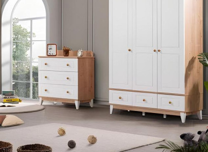 Luxus Kinderzimmer Set Garnitur  Kleiderschrank Weiß Modern Holz Kommode