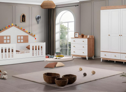 Modern Komplettes Weiß Kinderzimmer Set Designer Bett Schrank Kommode neu