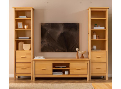 Luxuriöse Beige Wohnzimmer Garnitur RTV-Ständer 2x Holz Vitrinen 3tlg