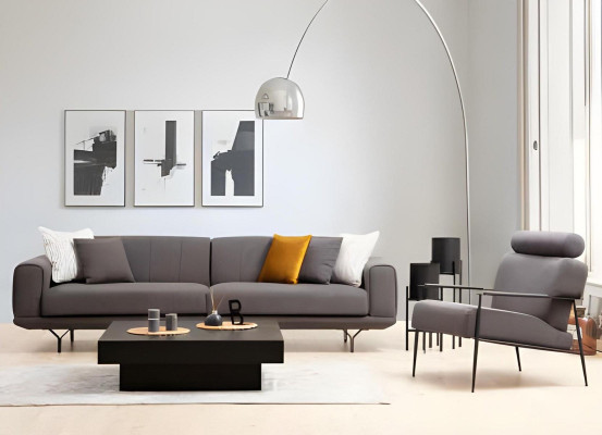 Wohnzimmer Set 3tlg 4-Sitzer 3-Sitzer Sessel mit Kissen Grau Einfarbig