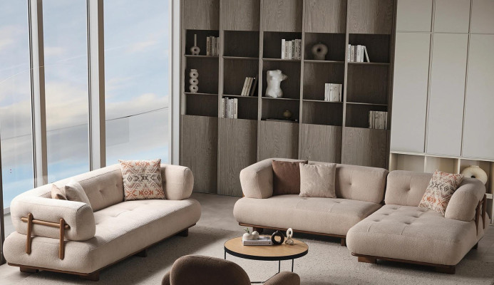 Stilvolle Beige Sofagarnitur Ecksofa L Form Polstermöbel Dreisitzer Sofa