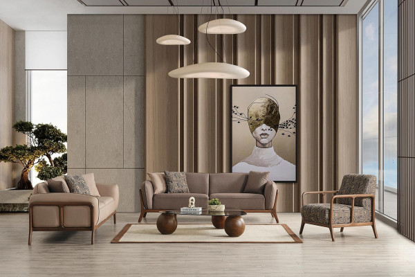 Braun-Beige Wohnzimmer Sofagarnitur Wohnzimmer Designer Möbel 2x Couchen