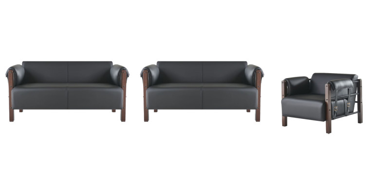 Sofa-Set Sofagarnituren Sofas Leder 2-Sitzer Sessel Schwarz Modern Holz