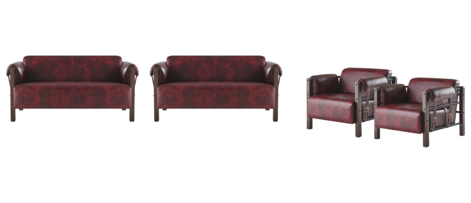 Sofas 2-Sitzer Sessel Bordeaux Modern Holz Weiche Leder Armlehnen Set