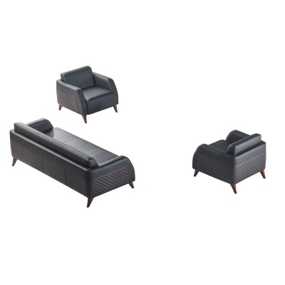 Sitzmöbel 3-Sitzer 2x Sessel Schwarz Lehnsessel Couch Set Modern Leder
