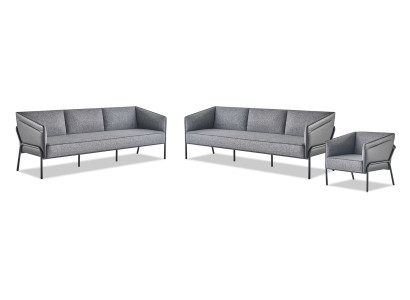 Sofagarnituren Leder Grau Modern 3-Sitzer 2x Sessel Textil Edelstahl Holz