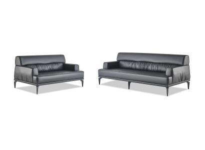 Sofa-Set Modern 3-Sitzer 2-Sitzer Schwarz Sofas Leder Edelstahl Holz