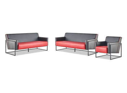 Lederosofas Schwarz Rot Zweifarbig Leder Set 3-Sitzer Sessel Modern
