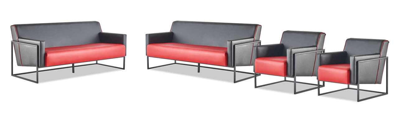 Sofa-Set 3-Sitzer Sessel Schwarz Rot Ledersofas Leder Edelstahl Holz