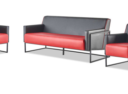 Sofa-Set 3-Sitzer Sessel Schwarz Rot Ledersofas Leder Edelstahl Holz