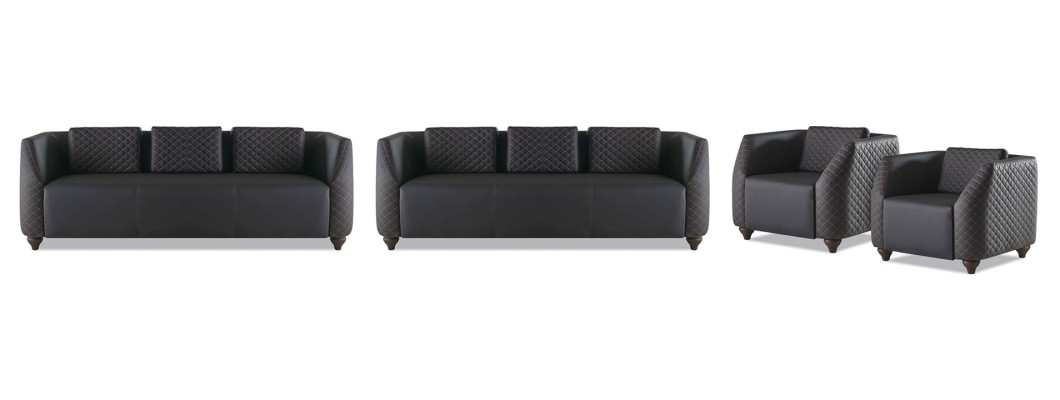 Komplett Set 3-Sitzer 2x Sessel Schwarz Polster Modern Leder Sofa-Set