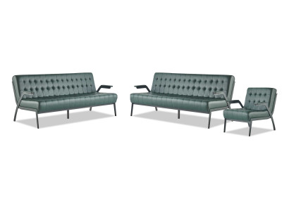 Sitzmöbel-Set 3-Sitzer Sessel Grün Edelstahl Modern Leder Chesterfield