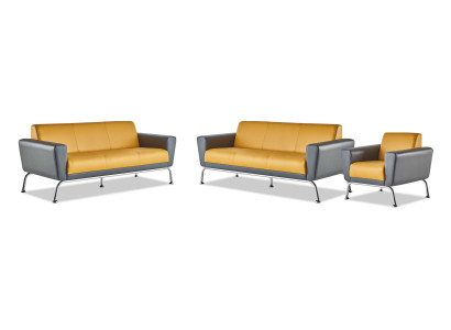 Ledersofa Leder Edelstahl Modern Gelb Grau 3-Sitzer Sessel Sofa-Set