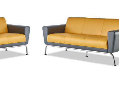 Ledersofa Leder Edelstahl Modern Gelb Grau 3-Sitzer Sessel Sofa-Set