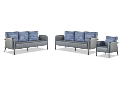Sofa-Set Grau Blau Ledersofa 3-Sitzer Sessel Modern 1-Sitzer Leder Textil