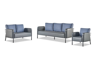 Moderner Sofa-Set 3-Sitzer 2-Sitzer Sessel Blau Grau Leder Edelstahl
