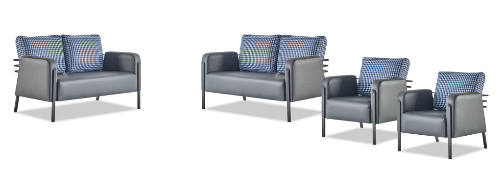 Sofagarnitur Polster Set 3-Sitze Sessel Blau Grau Ledersofas Polster