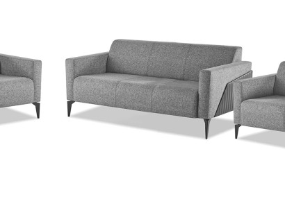Sitzmöbel Komplett Modern Set 3-Sitzer Sessel Grau Textil Edelstahl Leder