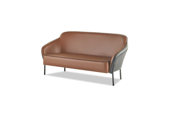 Sofa-Set Braun Schwarz Sofagarnitur 2-Sitzer Sessel Leder Edelstahl Holz