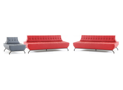Sofa-Set Rot 3-Sitzer Grau Sessel Art Deco Sofas Chesterfield Couch Leder