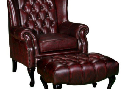 Chesterfield Ohrensessel + Hocker Sessel Couch Polster Set Leder Textil 16101330