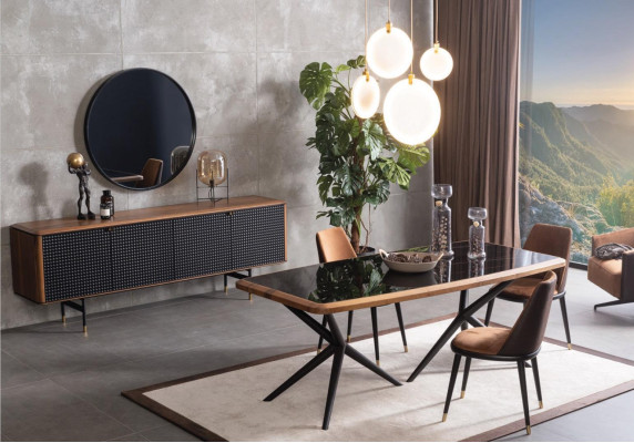 Esszimmer Set Tisch 4x Stühle Anrichte Spiegel 7tlg.Gruppe Essgarnitur