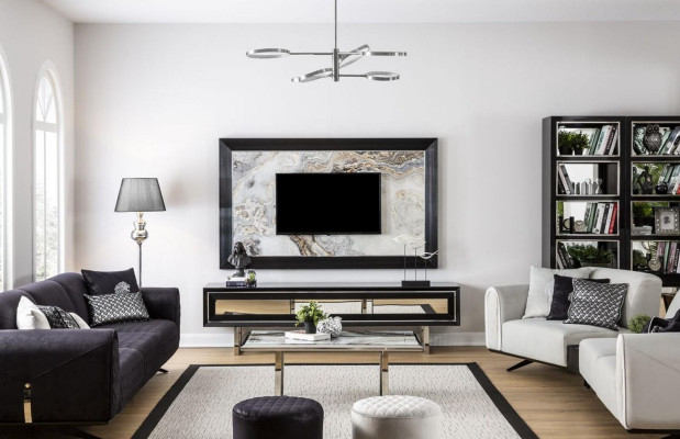 Luxus Wohnwand + Sideboard Lowboard Regal Wohnzimmer Schwarz Hochglanz