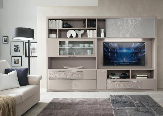 Wand Schrank Sideboard Wohnwand Fernseh Kommode Holz Design Modern Beige