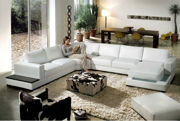 Große Ledersofa Couch Sitz Polster Eck Garnitur Wohnlandschaft mit Beleuchtung