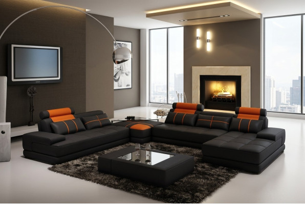 Designer Polster Ledersofa Couch U-Form Modern Sofa Wohnlandschaft
