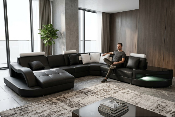 Leder Sofas Wohnlandschaft Eck Garnitur Design Modern Sofa U-Form + Tisch
